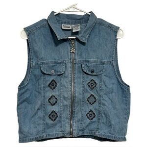 Vintage Denim Vest Capacity Petites Embroidered Zip Y2K 90s Petite Large